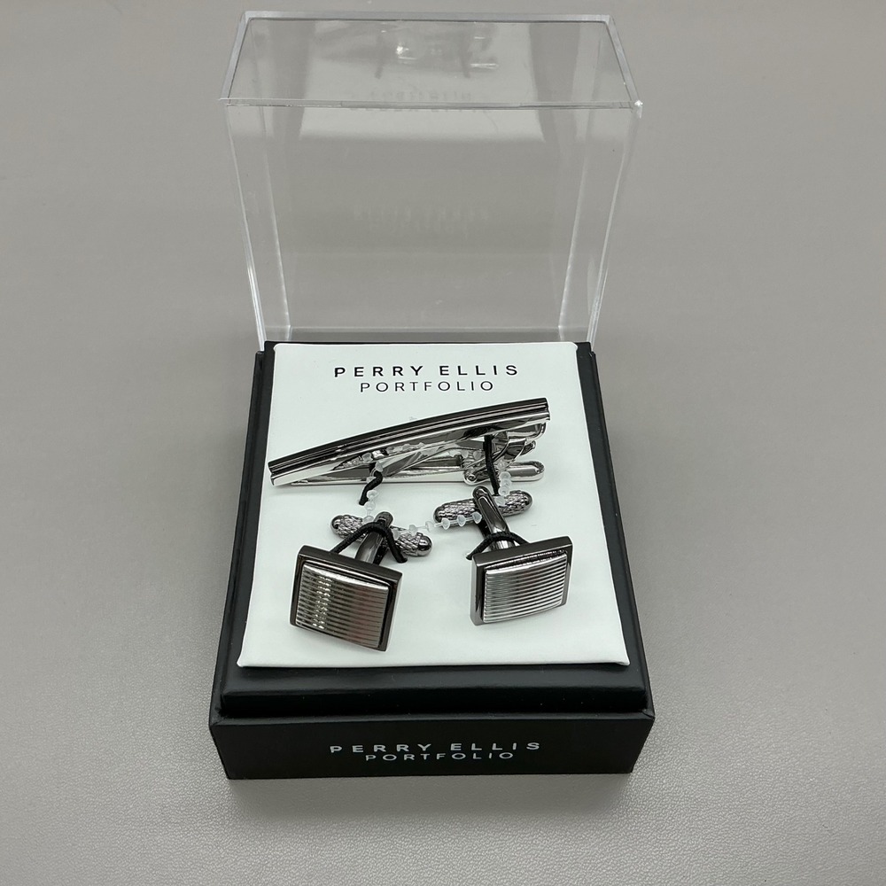 Perry Ellis Cufflinks Tie Bar Set Silver Tone Striped Formal Gift Box